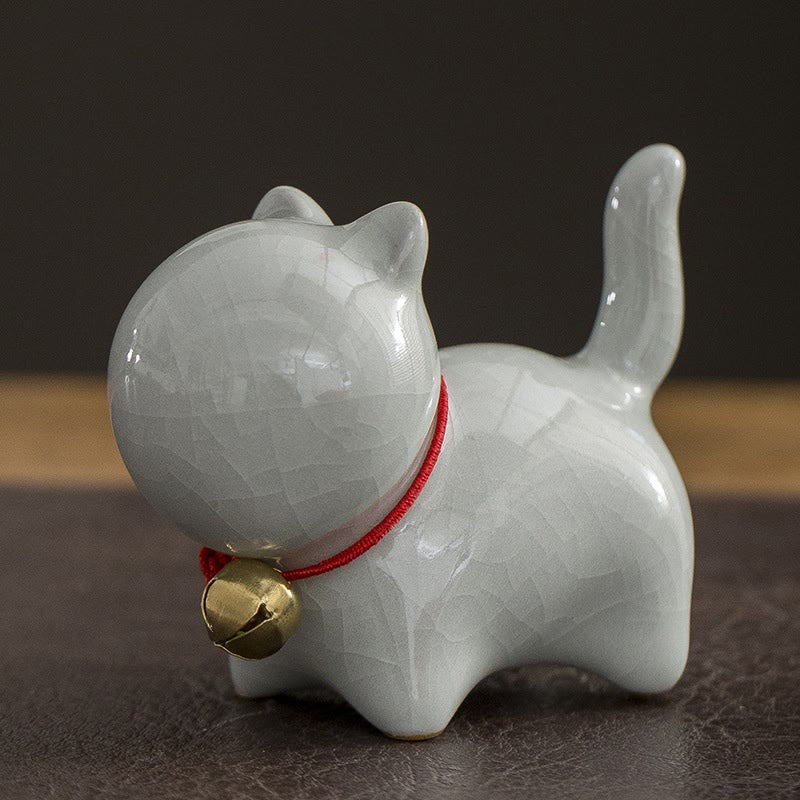 Lucky Cat Ceramic Bell Figurine - Gray White