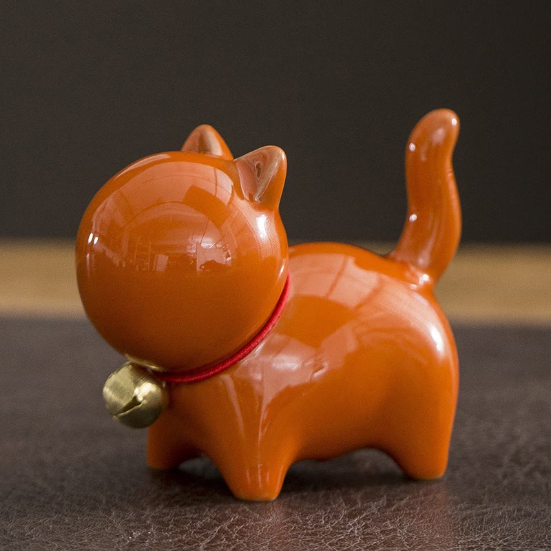 Lucky Cat Ceramic Bell Figurine - Orange