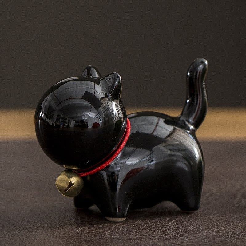 Lucky Cat Ceramic Bell Figurine - Black