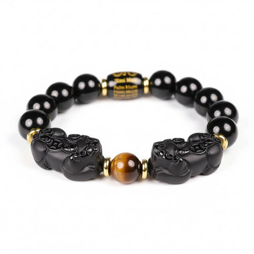 Black Obsidian Double Pixiu Bracelet with Tiger Eye